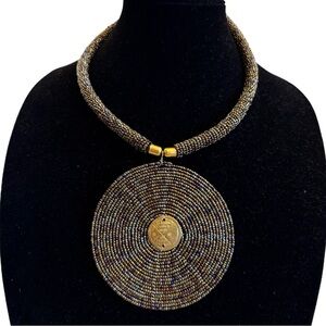 Authentic Maasai African Necklace Chocker Handmade Brown Beaded Large Mat Design
